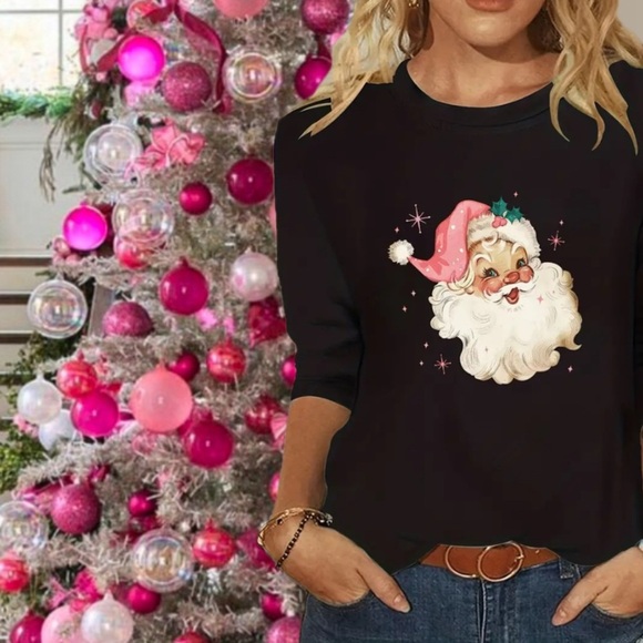Retro Pink Santa Claus Long‎ Sleeve Crewneck Stretch Knit Black T-Shirt Tee XL - Picture 1 of 8
